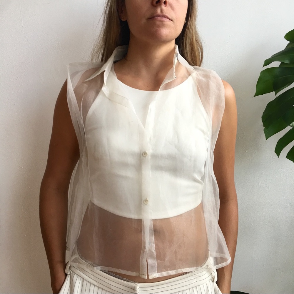 Nanushka sheer blouse and white crop combo